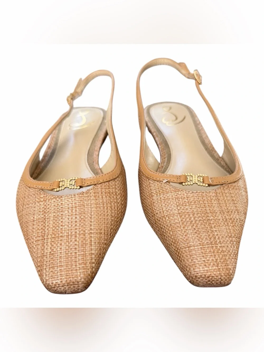Sam Edelman Tan Woven Pointed Slingback Flats with Gold Hardware - Picture 2 of 6
